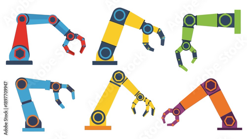 Set of Colorful Robotic Arms, Industrial Automation Clipart, Vector Illustration