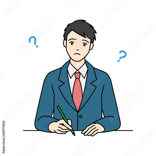 Student in uniform writing on desk with confused expression