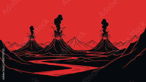 Volcanic Eruption Landscape: Lava Flow and Smoke Against Red Sky