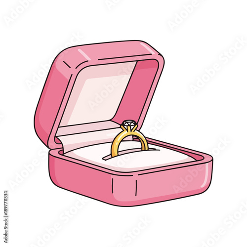 Gold Diamond Engagement Ring in Pink Box Simple Cartoon Icon