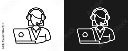 Online Support Icon Set Outline In White And Black Background