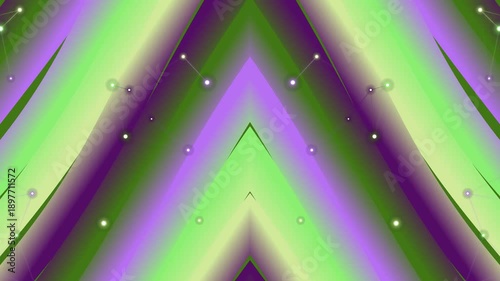 Futuristic Abstract Background: Green and Purple Gradient with Glowing Network Points and Geometric Arrows