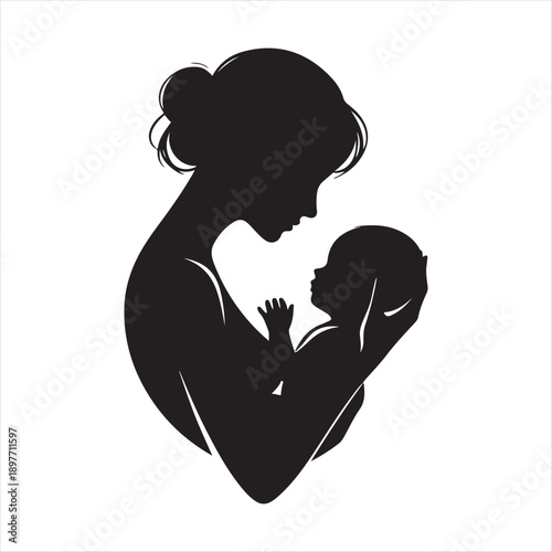 Mother holding baby vector silhouette outline logo design concept illustration