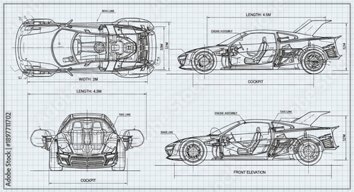 Detailed Blueprint of a Sports Car Design.
