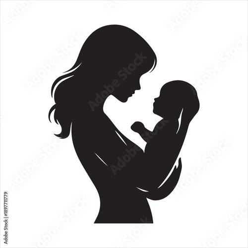 Mother holding baby vector silhouette outline logo design concept illustration