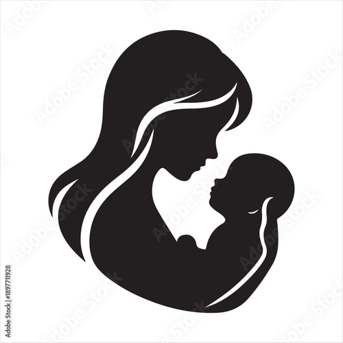 Mother holding baby vector silhouette outline logo design concept illustration