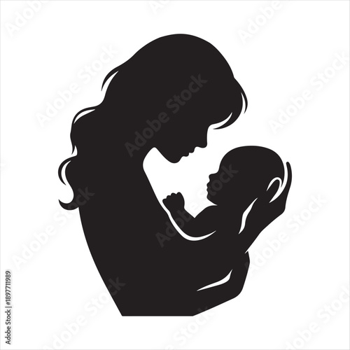 Mother holding baby vector silhouette outline logo design concept illustration