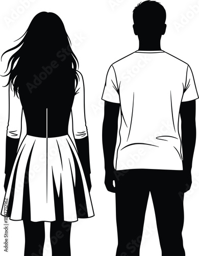 Black and white vector illustration of a man and woman standing together from behind for young couple relationship casual fashion and friendship lifestyle concepts