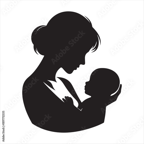 Mother holding baby vector silhouette outline logo design concept illustration