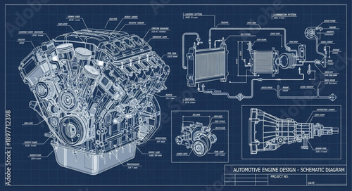 Detailed Blueprint of a Powerful V8 Engine and Transmission System.