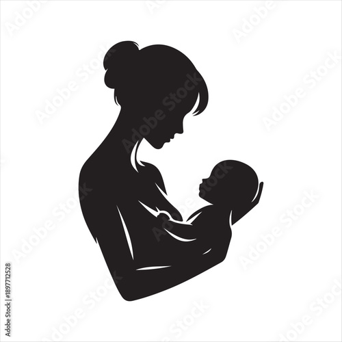 Mother holding baby vector silhouette outline logo design concept illustration