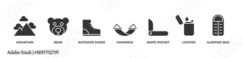 Backcountry Adventure Icons set vector illustration glyph with Mountain, Bear, Outdoor shoes, Hammock, Knife pocket, Lighter, Sleeping bag
Backcountry Adventure