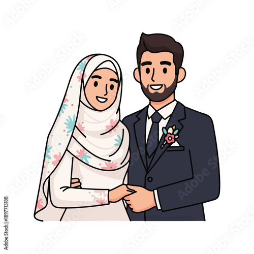 Muslim Wedding Couple Cartoon Illustration Islamic Marriage Celebration