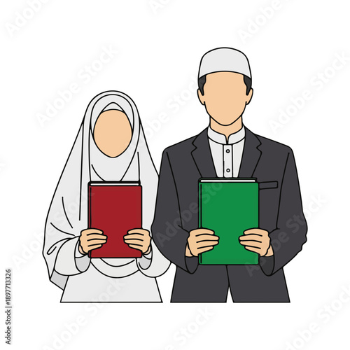 Muslim Couple Holding Books Education Religion Culture Vector
