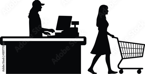 Black Silhouette of Female Customer with Shopping Cart Approaching Supermarket Checkout Counter with Cashier Working at Cash Register Isolated on White Background for Retail