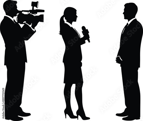 Black Silhouette of Professional News Crew Featuring Camera Operator Female Reporter with Microphone and Businessman for Television Broadcast Journalism and Media Interview Concept
