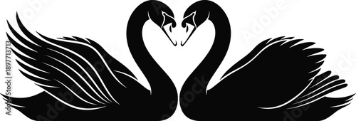 Black silhouette vector illustration of two flying doves holding a heart for wedding romance peace love and anniversary greeting card invitation design concepts