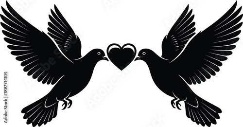 Black silhouette vector illustration of two flying doves holding a heart for wedding romance peace love and anniversary greeting card invitation design concepts