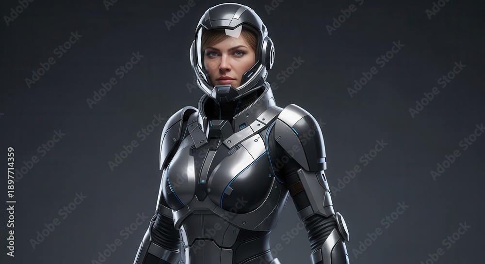 Fototapeta premium Female space operative presents determined expression while wearing advanced metallic protective body coverings