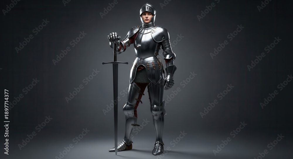 Fototapeta premium Female warrior wearing polished full plate armor stands holding a large two handed sword