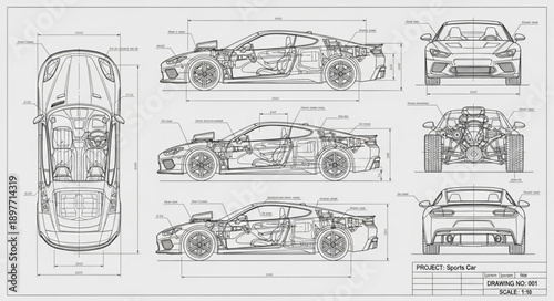 Detailed Blueprint Schematics of a Modern Sports Car.