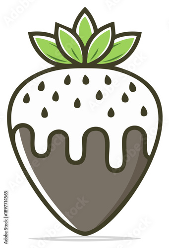 Chocolate covered strawberry icon, vector design, healthy dessert symbol, green leaves, sweet treats.