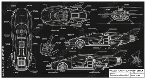 Detailed Blueprint Schematics of a Sports Car Design.