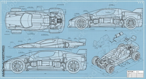 Detailed Blueprint Schematics of a Sports Car Design.