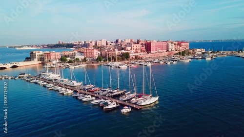 Taranto, Italy, city view, harbor, industrial city, sea city, mussel culture, Ilva factory, panorama, landscape, aerial shot, travel, travelling, vacation, holiday, tourist, tourism, high angle, cinem