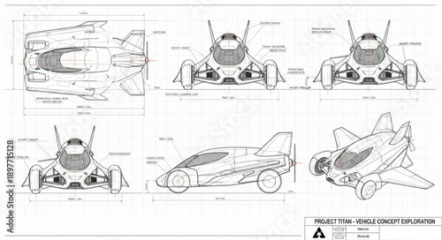 Detailed Blueprint Schematics of Futuristic Vehicle Design.