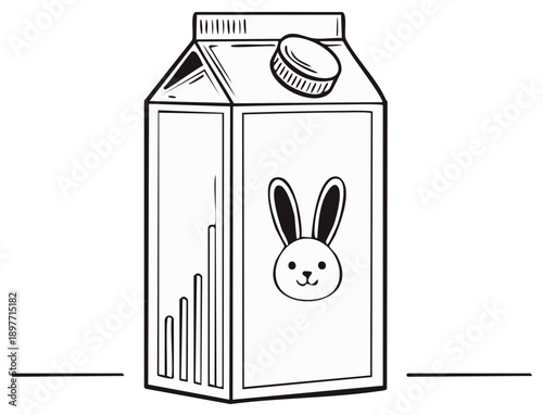 Milk carton with bunny face illustration in black and white