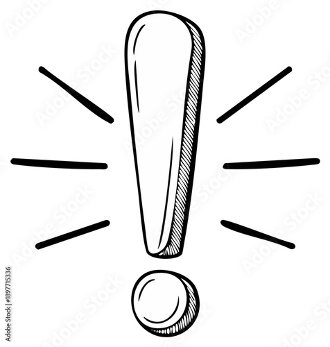 Hand drawn exclamation mark with radiating lines symbolizing attention, warning, or important alert.