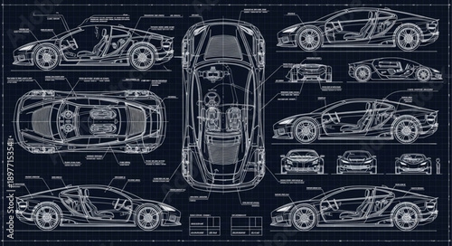 Detailed Blueprint Schematics of Modern Sports Cars.