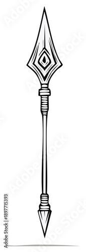 Illustrated spear weapon. Monochrome drawing of a tribal, ornate spear with sharp blade.