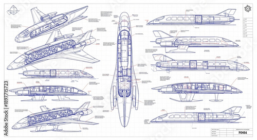 Detailed Blueprint Schematics of a Fighter Jet Aircraft.