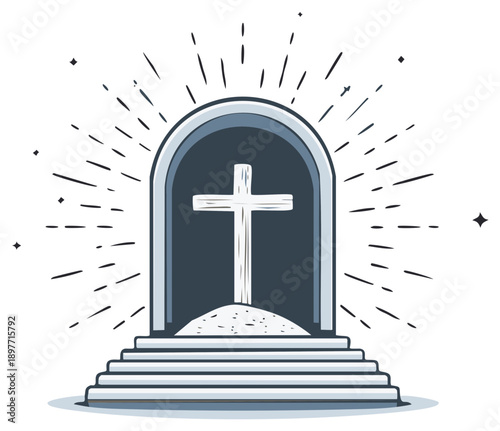 Christian Cross Visible Through Arched Entrance With Rays of Light and Stairs