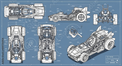 Detailed Blueprint Schematics of a Futuristic Vehicle.