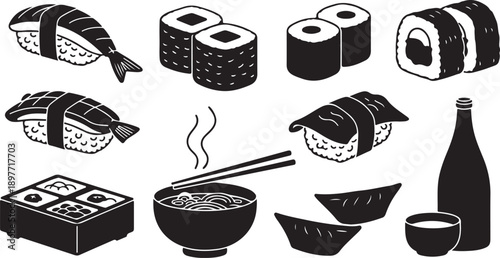 Black and white isometric sushi and Japanese food set