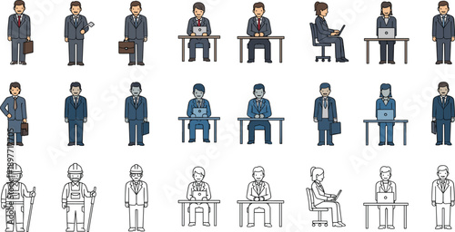 Professional business character collection featuring office workers at desks, engineers with tools, and corporate staff for workplace productivity and career designs,