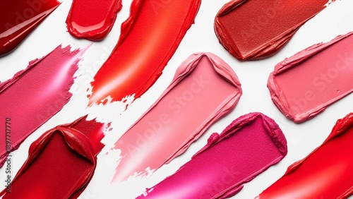 Luxury lipstick smears on a white backdrop, featuring reds, pinks, and hot pinks create a colorful Valentine's Day makeup beauty product texture for background or design.