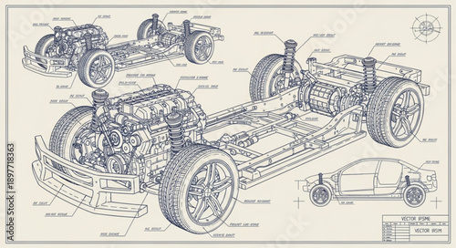 Detailed Blueprint of a Car Chassis and Engine Assembly.