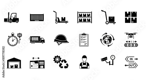 Logistics and Supply Chain Icons Representing Delivery, Warehouse, and Transportation Services