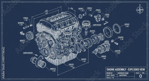 Detailed Blueprint of a Car Engine Exploded View.