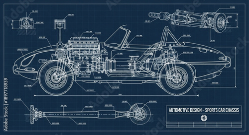 Detailed Blueprint of a Classic Sports Car Engine and Chassis.
