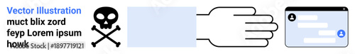 Cybersecurity, online threats, user safety, privacy protection, authentication, digital identity. Skull and crossbones, open hand UI screen. Cybersecurity and online threats visually