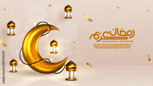 Ramadan kareem greetings design with lantern in gold crescent moon and lamp.