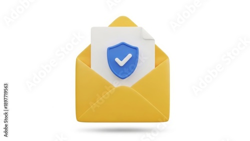 3D Secure Email Icon with Shield and Checkmark in Yellow Envelope
