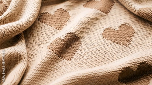 Close-up of cozy beige knitted blanket with heart-shaped patterns, symbolizing love and warmth for Valentine's Day or romantic occasions, soft texture, and decorative design
