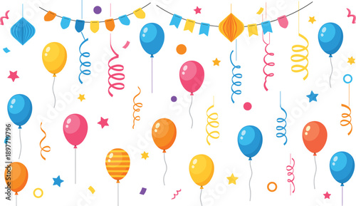 Festive birthday party background with colorful balloons bunting flags and curly streamers in a flat vector style for celebration events and greeting cards.