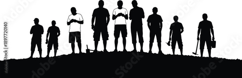Black silhouette vector of a construction crew standing on a hill with tools for manual labor teamwork industrial building and site development project concepts